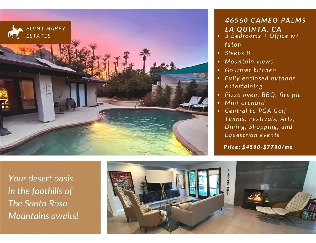 Residential Lease for rent at 46560 Cameo Palms, La Quinta, Riverside County, CA featuring 4 beds and 2 baths